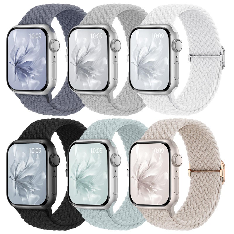 Knossen 6 Pack Braided Stretchy Bands Compatible with Apple Watch Band 38mm 40mm 41mm 42mm 44mm 45mm 46mm 49mm Women Men, Adjustable Nylon Solo Loop Elastic Straps for iWatch Series 11 10 9 8 7 6 5 4 SE Ultra - Image 1