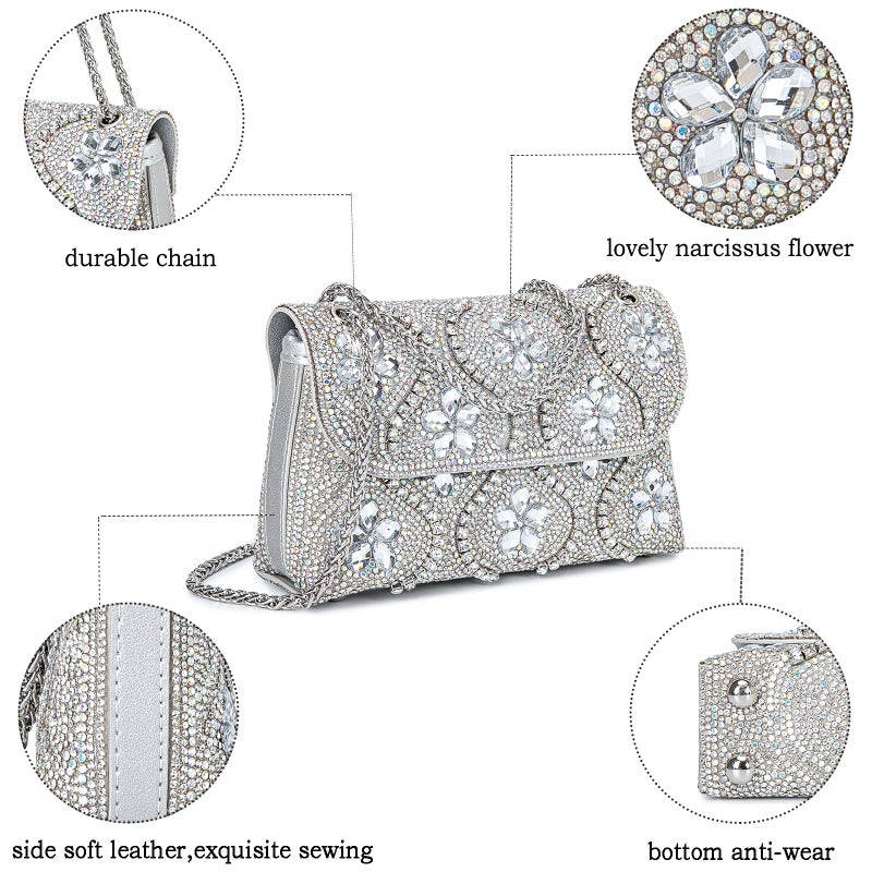 BBTT.ful Flower Evening Handbags Chain Strap Square Shoulder Bag Crossbody Bag Crystals Rhinestone Clutch Purse (silvery) - Image 5