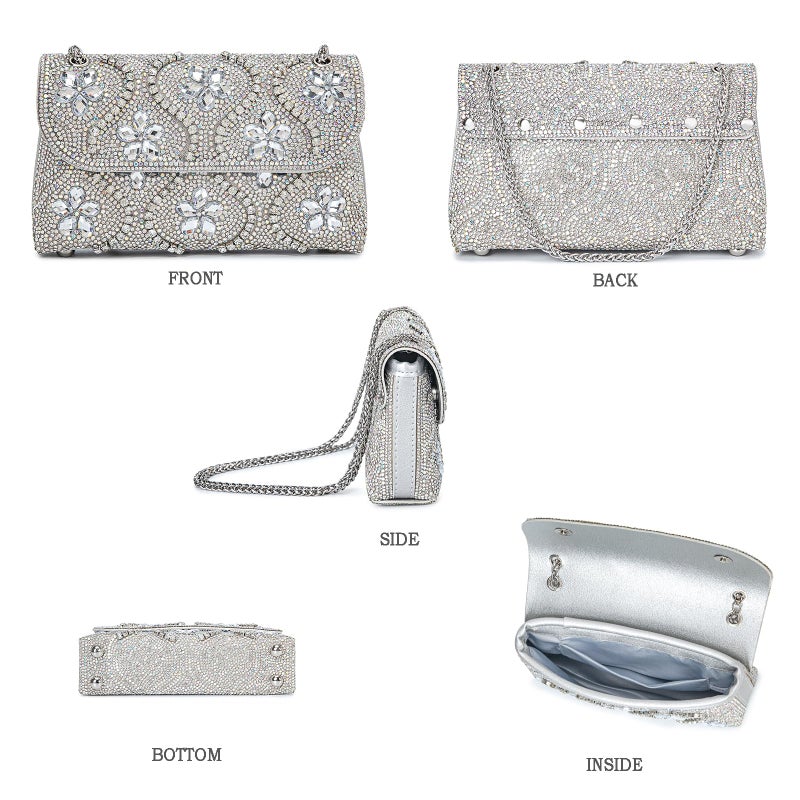 BBTT.ful Flower Evening Handbags Chain Strap Square Shoulder Bag Crossbody Bag Crystals Rhinestone Clutch Purse (silvery) - Image 4