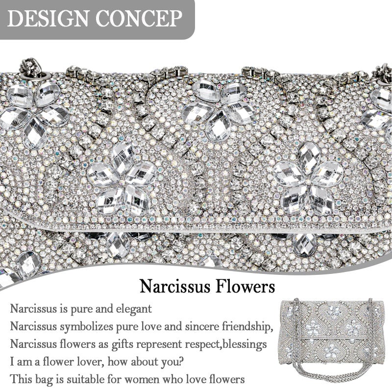 BBTT.ful Flower Evening Handbags Chain Strap Square Shoulder Bag Crossbody Bag Crystals Rhinestone Clutch Purse (silvery) - Image 3