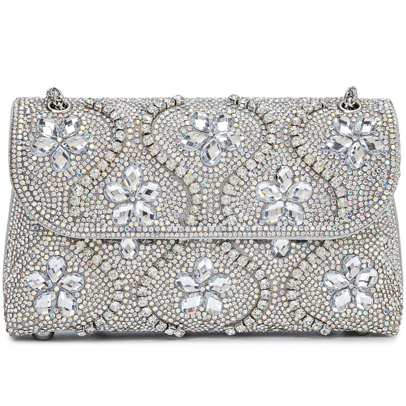 BBTT.ful Flower Evening Handbags Chain Strap Square Shoulder Bag Crossbody Bag Crystals Rhinestone Clutch Purse (silvery) - Image 1