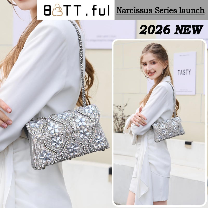 BBTT.ful Flower Evening Handbags Chain Strap Square Shoulder Bag Crossbody Bag Crystals Rhinestone Clutch Purse (silvery) - Image 2