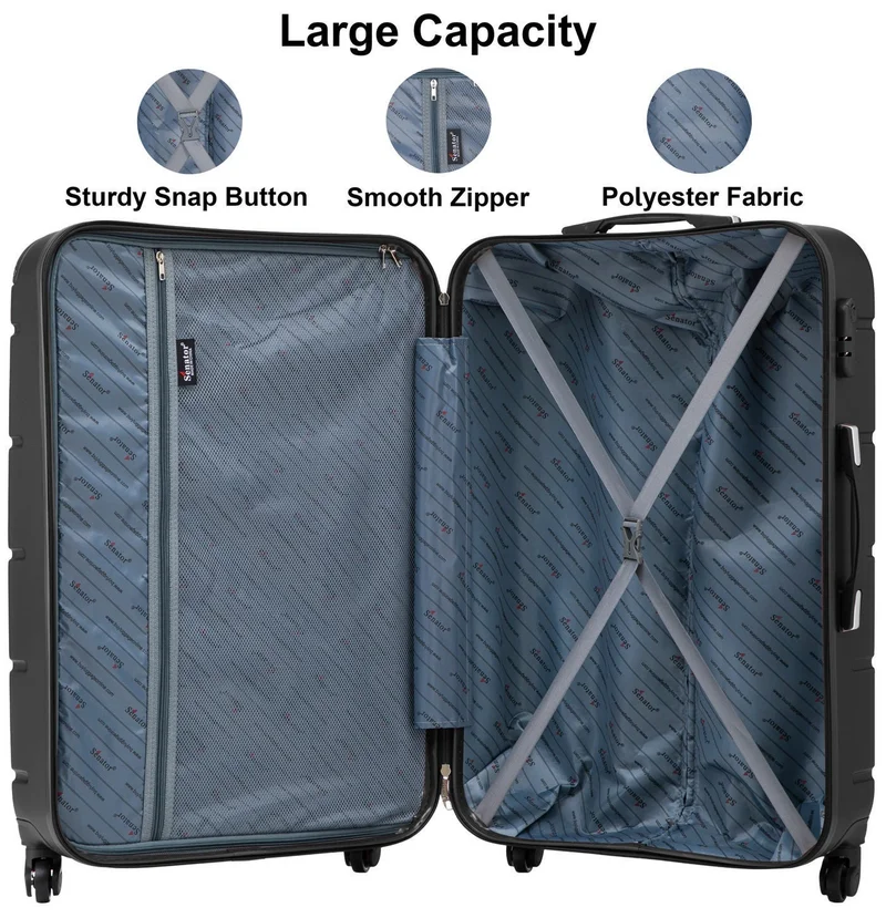 Senator Black Hard Case Travel Bags Trolley Luggage Set of 3 ABS Lightweight Suitcase with 4 Spinner Wheels A1012, Black  | Best Price UAE