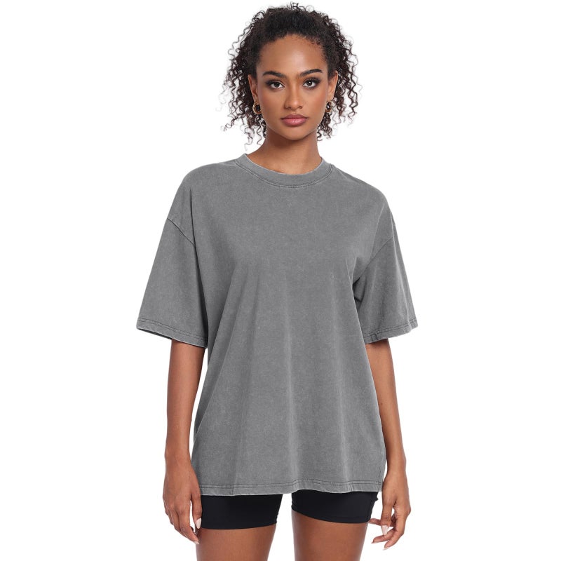 KEEPSHOWING Womens Vintage Oversized T Shirts Acid Washed Baggy Cotton Tee Casual Workout Boyfriend Short Sleeve Tops(Coffee/Grey/Black M) - Image 2