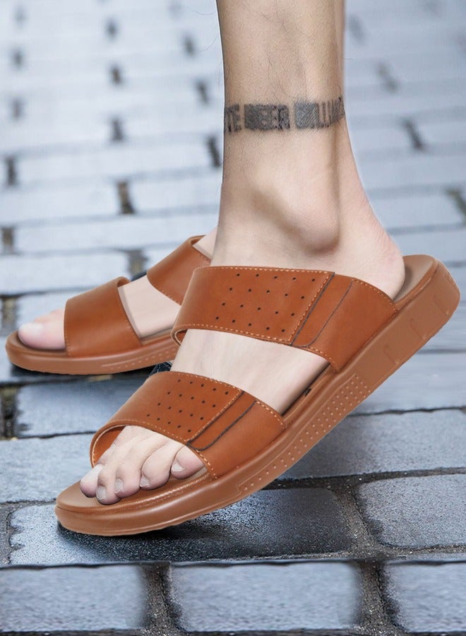 BOTELI Men's Leather Slide Sandals, Summer Breathable Perforated Two Strap Slippers, Outdoor Non Slip Thick Sole Casual Sandals - Image 1