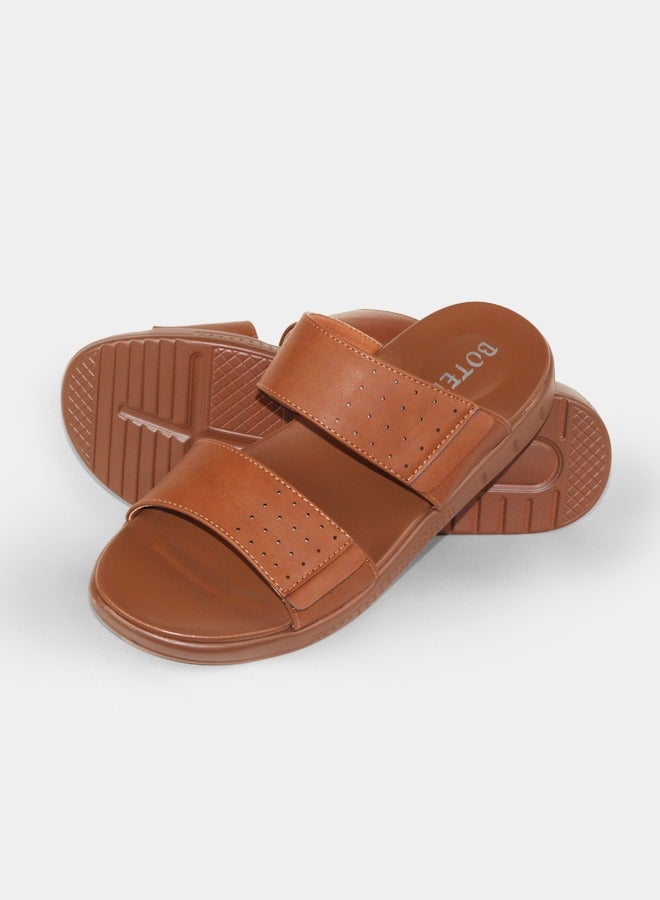 BOTELI Men's Leather Slide Sandals, Summer Breathable Perforated Two Strap Slippers, Outdoor Non Slip Thick Sole Casual Sandals - Image 2