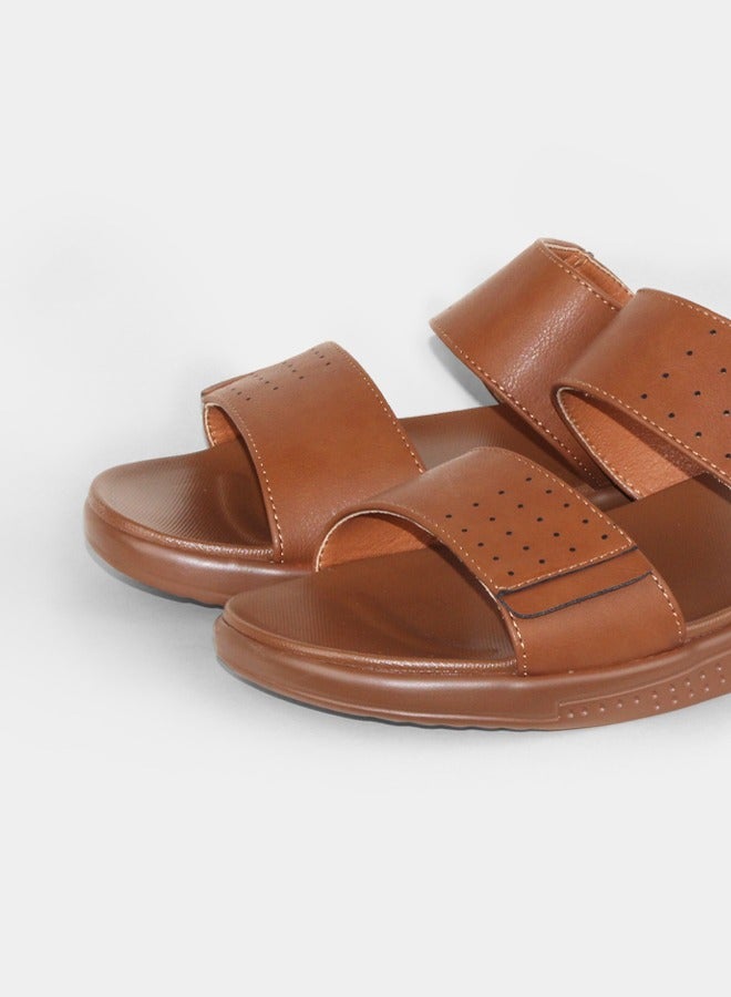 BOTELI Men's Leather Slide Sandals, Summer Breathable Perforated Two Strap Slippers, Outdoor Non Slip Thick Sole Casual Sandals - Image 3