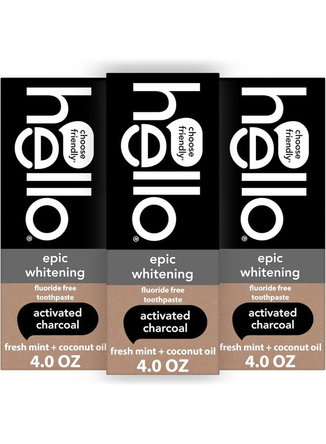 Hello Activated Charcoal Toothpaste, Fluoride Free with Activated Charcoal, Teeth Whitening Toothpaste with Fresh Mint and Coconut Oil, No SLS, Vegan, Gluten Free, 3 Pack, 4 OZ Tubes - Image 1