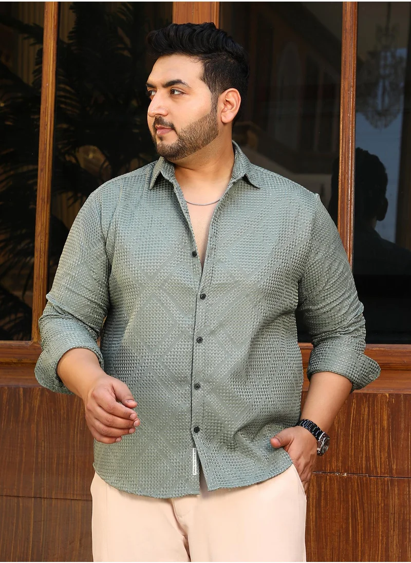 انستافاب بلس Instafab Plus Men's Sage Green Shard-Tactile Shirt For Casual Wear | Spread Collar | Long Cuffed Sleeves | Button Closure | Plus Size Shirt Crafted With Comfort Fit For Everyday Wear