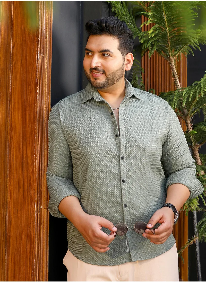 انستافاب بلس Instafab Plus Men's Sage Green Shard-Tactile Shirt For Casual Wear | Spread Collar | Long Cuffed Sleeves | Button Closure | Plus Size Shirt Crafted With Comfort Fit For Everyday Wear