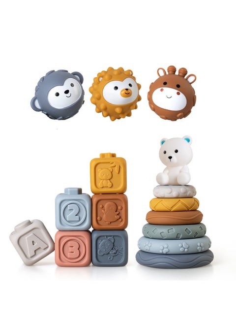 Infant Hand Ball Toy Soft Rubber Square Building Block Stacking Ring Baby Pinch Hand Ball Stacking Toy-Color:White Bear Cube Jenga Animal Ball Set (16pcs) Boxed