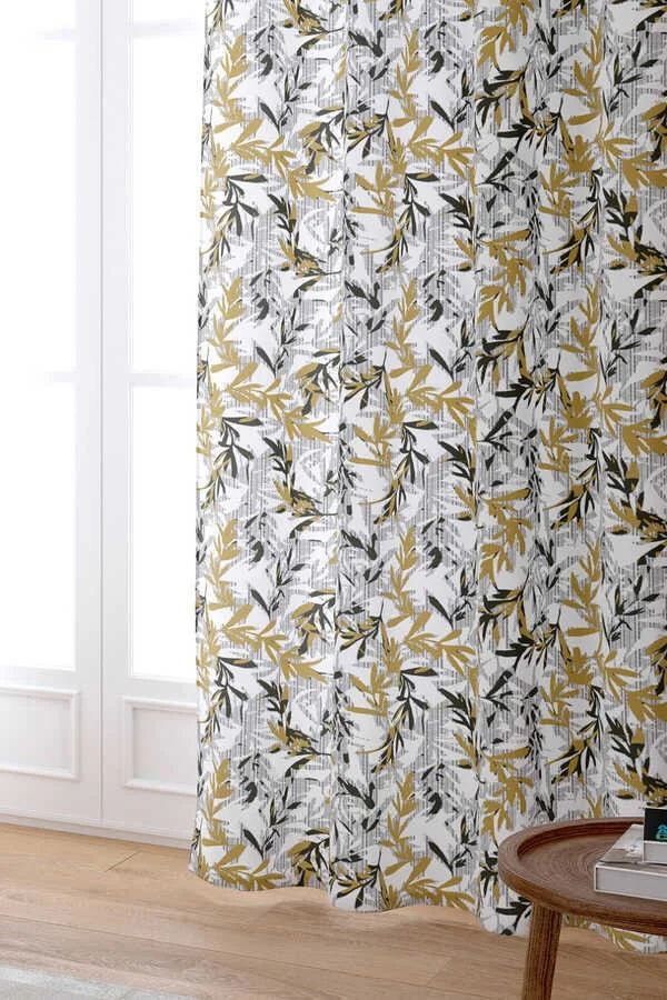 Cango Home Yellow Gray Leaf Patterned Digital Printed Curtain CGH500-PR