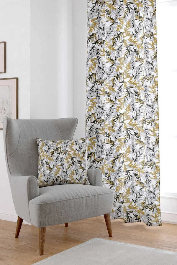 Cango Home Yellow Gray Leaf Patterned Digital Printed Curtain CGH500-PR