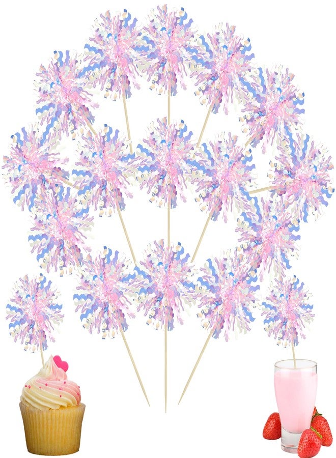 Ephlyn 30Pcs Foil Firework Cupcake Toppers Firework Cake Toppers Tinsel Flower Drink Stirrers Cocktail Food Fruit Toothpicks for Valentine's Day Party Decorations Pink - Image 1