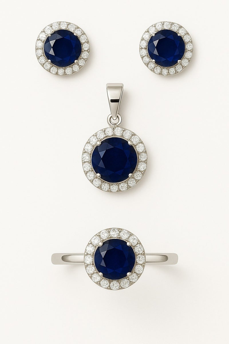 Ready For Chai 925 Sterling Silver Round Sapphire Blue CZ Halo Jewelry Set | Pendant, Earrings & Ring | Rhodium Plated - Image 1