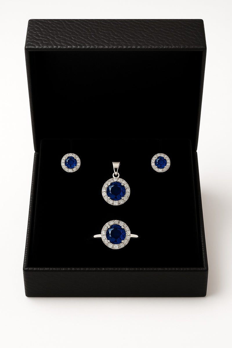 Ready For Chai 925 Sterling Silver Round Sapphire Blue CZ Halo Jewelry Set | Pendant, Earrings & Ring | Rhodium Plated - Image 2