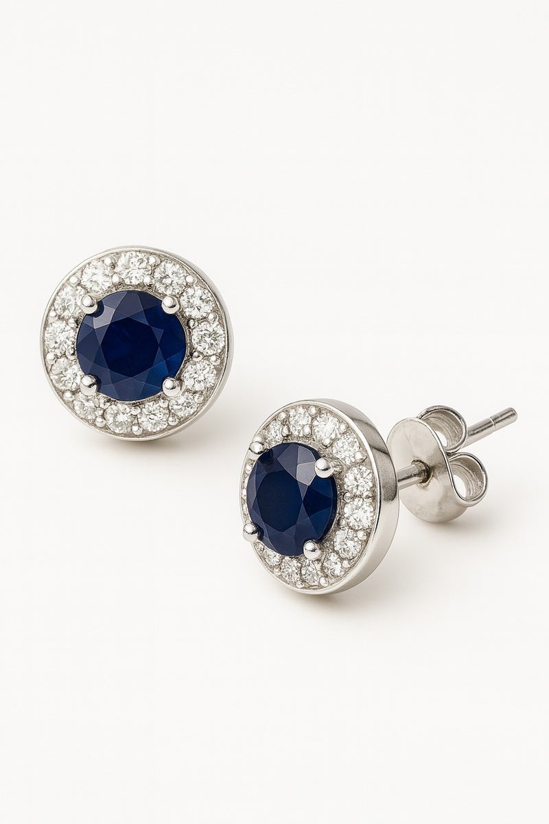 Ready For Chai 925 Sterling Silver Round Sapphire Blue CZ Halo Jewelry Set | Pendant, Earrings & Ring | Rhodium Plated - Image 3