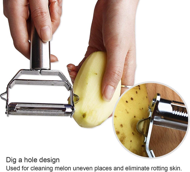 Harions Stainless Steel 2 in 1 Julienne Vegetable Peeler Cutter for Potato Cucumber Carrot Multi-Function Fruit Shredder Slicer Double Planing (Silver, 18 x 8.2 x 2.4 cm) - Image 4