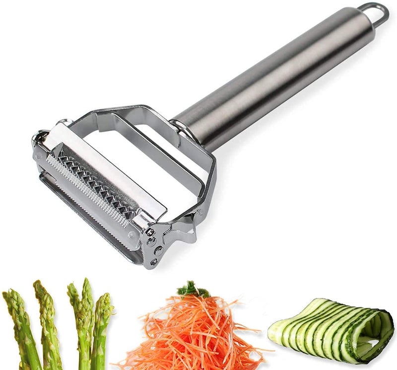 Harions Stainless Steel 2 in 1 Julienne Vegetable Peeler Cutter for Potato Cucumber Carrot Multi-Function Fruit Shredder Slicer Double Planing (Silver, 18 x 8.2 x 2.4 cm) - Image 1
