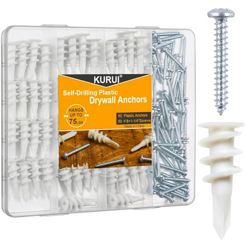 KURUI #8 Self Drilling Drywall Anchors with Screws Kit, Heavy Duty Dry Wall Anchors for Hanging Sheetrock, 50 Self-Tapping Plastic Drywall Hangers 50 Sheet Rock Screws, 100PCs Mounting Hardware -75LB - Image 1