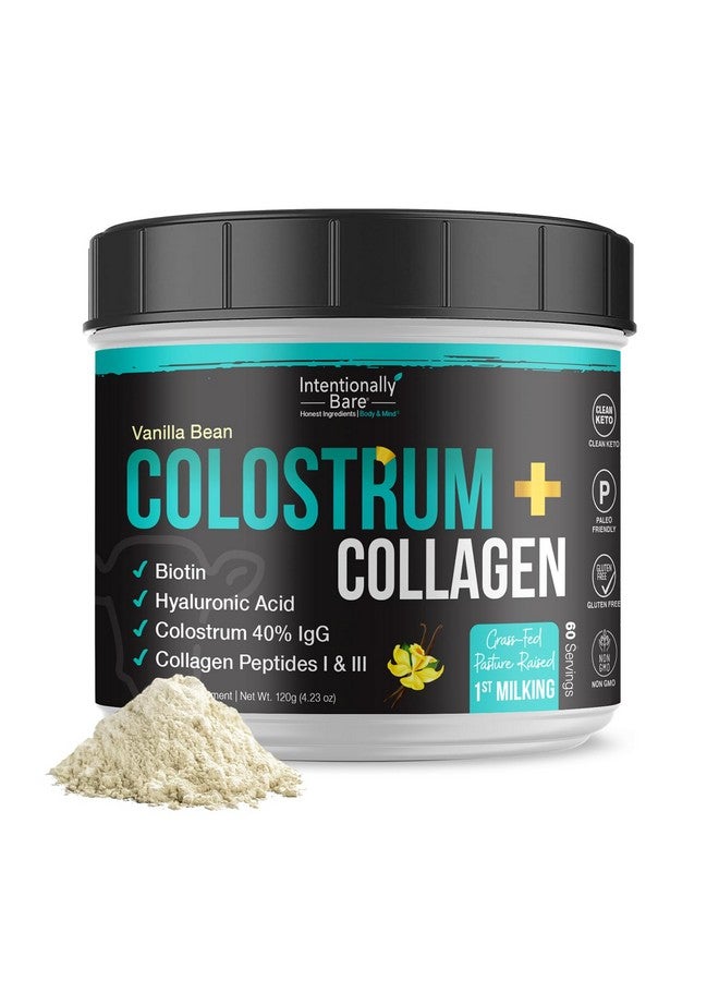 Intentionally Bare Colostrum and Collagen Powder - Colostrum Supplement with Biotin & Collagen Peptides - Colostrum Powder for Skin, Joint & Gut Health - Vanilla Bean Collagen Supplements 60 Servings - Image 1