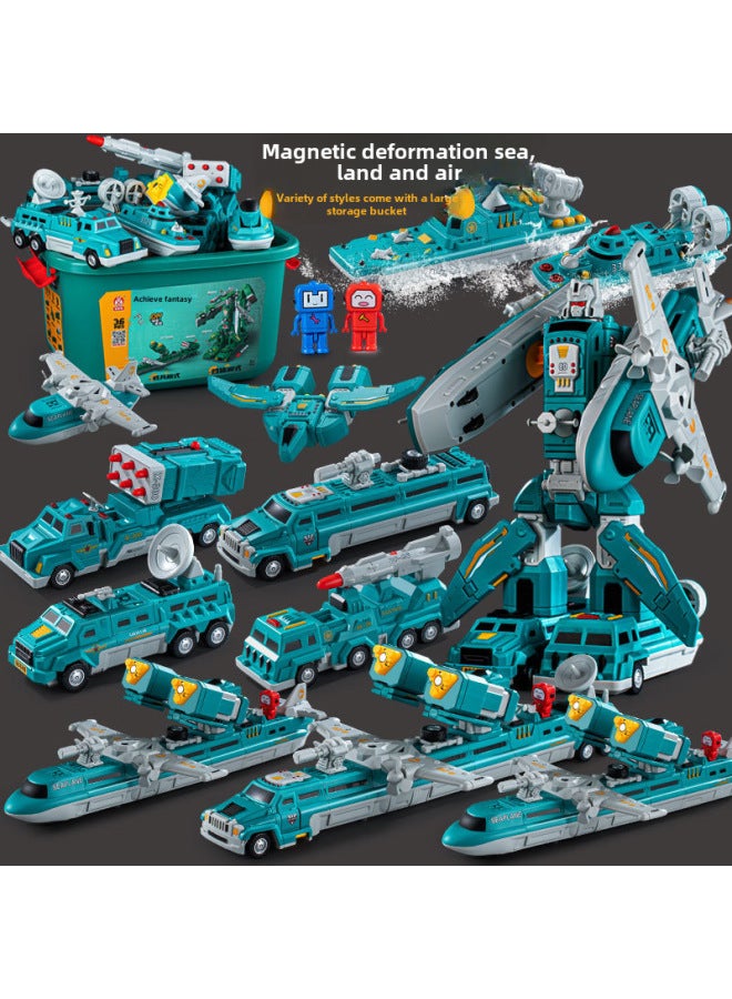 Children's Magnetic Building Blocks Stitching Toys Educational Boys Assembled Deformation Car Magnet King Kong Robot Baby Gift-Color:Variable Magnetic Sea, Land And Air Mecha 14-grain Barrel - Image 2