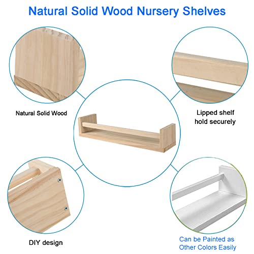 JORIKCHUO Nursery Book Shelves, Set of 2 Wood Floating Book Shelves for Kids Room, Kitchen Spice Rack, or Rustic Wall Mounted Shelves for Farmhouse Bathroom Décor (Natural Wood) - Image 2