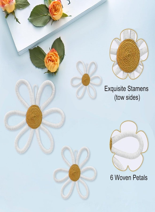 MEINV 6 Pcs Boho Nursery Daisy Wall Decor, Woven Flowers Wall Hanging Art, White Boho Floral Room Decor with Lanyard for Office, Toddler Baby Little Girls Kids Home Bedroom Above Bed Decorations (White) - Image 3