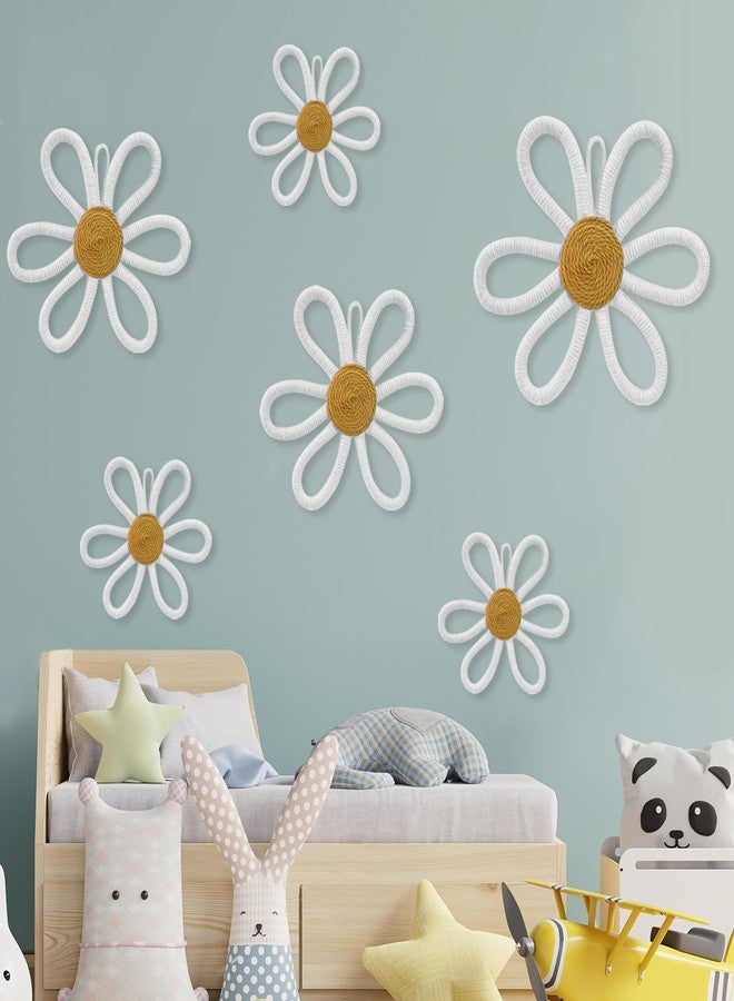 MEINV 6 Pcs Boho Nursery Daisy Wall Decor, Woven Flowers Wall Hanging Art, White Boho Floral Room Decor with Lanyard for Office, Toddler Baby Little Girls Kids Home Bedroom Above Bed Decorations (White) - Image 1