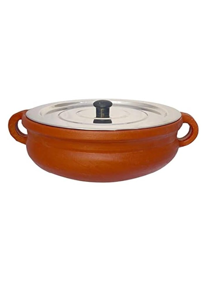 Green Tiger Handmade Earthen Clay Kadai Chatti Pot with Stainless Steel Lid/ Natural Cookware / Serving Pot / Traditional table ware / Made by Indian Artisan /Red, 3 Liter - Image 1
