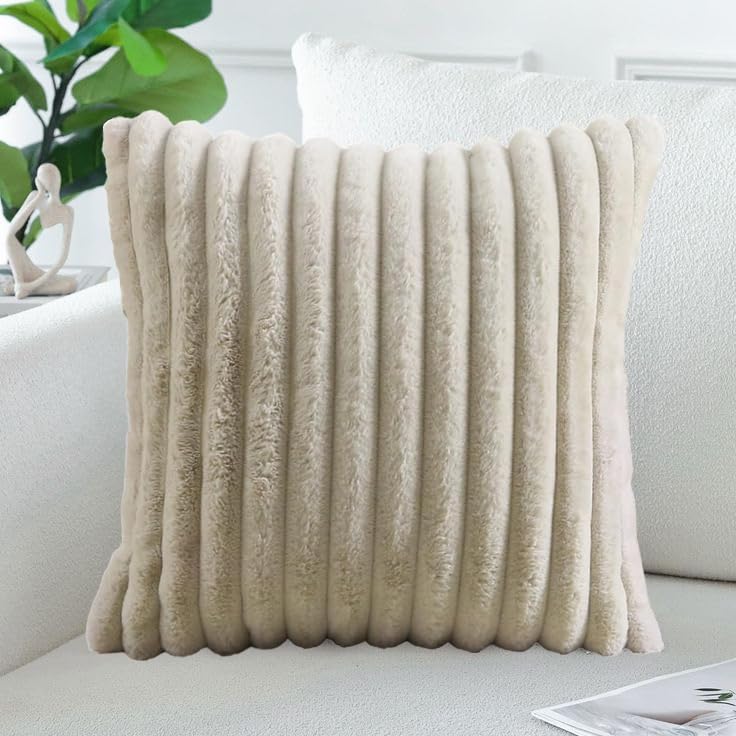 AEROHAVEN™ Premium Faux Rabbit Fur Plush Luxury Soft Fluffy Striped Decorative Throw Pillow/Cushion Covers for Sofa, Couch, Living Room - CC283 - (1, Beige, 16 x 16 Inch) - Image 1