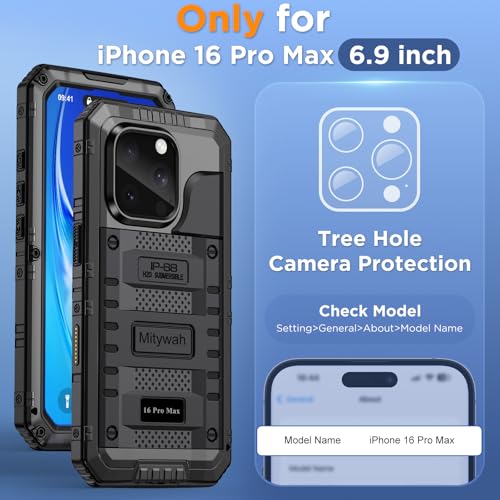 Mitywah Waterproof Case for iPhone 16 Pro Max Heavy Duty Metal Cover with Builtin Screen Protector Military Grade Full Body Shockproof Rugged Protective Phone Case 69 inch Black - Image 3