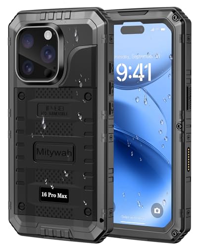 Mitywah Waterproof Case for iPhone 16 Pro Max Heavy Duty Metal Cover with Builtin Screen Protector Military Grade Full Body Shockproof Rugged Protective Phone Case 69 inch Black - Image 1