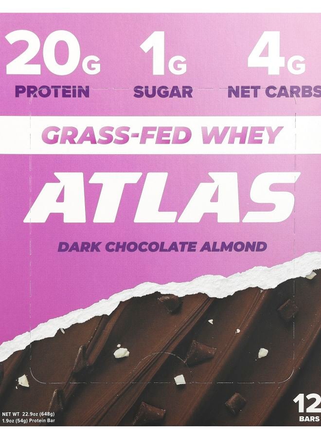 ATLAS Grass-Fed Whey Protein Bar Dark Chocolate Almond 12 Bars 1.9 oz (54 g) Each