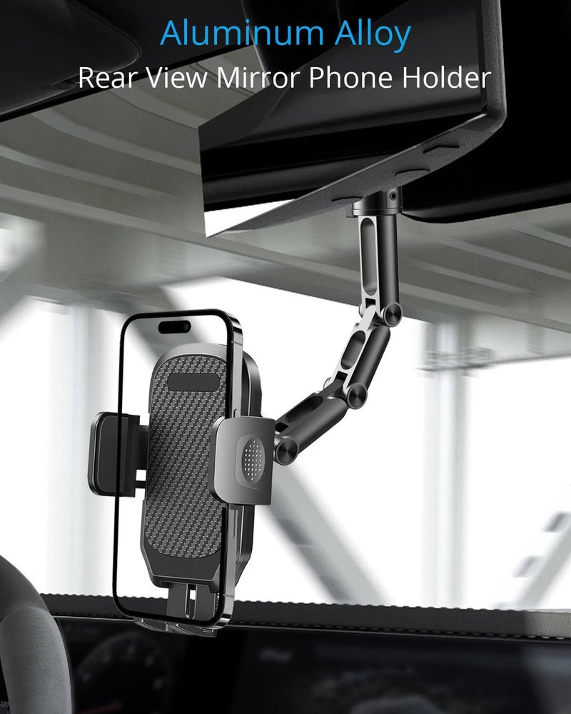 Quyee Phone Holder Car, Rear View Mirror Phone Holder - Aluminum Alloy Mount Multi-Angle Adjustment Rotatable and Retractable Compatible with All 4-7 Inch iPhone and Android Cell Phones (Black) - Image 2