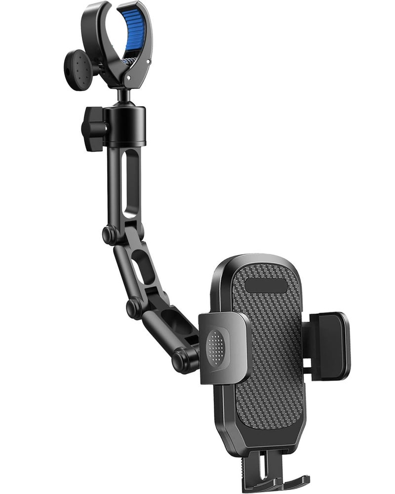 Quyee Phone Holder Car, Rear View Mirror Phone Holder - Aluminum Alloy Mount Multi-Angle Adjustment Rotatable and Retractable Compatible with All 4-7 Inch iPhone and Android Cell Phones (Black) - Image 1