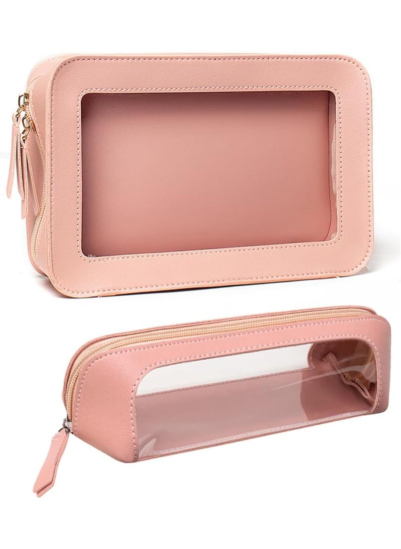 WMM - 2 Pack Clear and Waterproof Makeup Bag Portable Travel Cosmetic Case Organizer for Women Toiletry Pouch with Transparent Vinyl Windows & Zippers (Pink) - Image 1