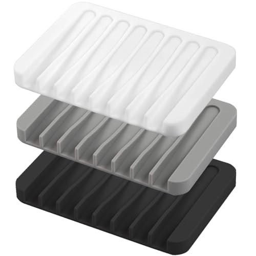 MODENGKONGJIAN Self Draining Soap Dishes, 3 Pcs Silicone Waterfall Drainer Soap Holder for Bathroom, Extend Soap Life Keep Dry Clean & Easy Cleaning (Black, White, Gray) - Image 1