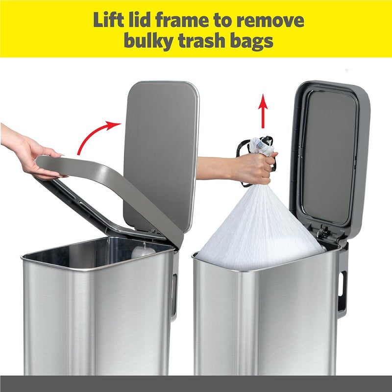 Glad Slim Trash Can with Clorox Odor Protection - Narrow Kitchen Garbage Bin with Soft Close Lid, Step On Foot Pedal and Waste Bag Roll Holder, All Stainless, 12 Gallon/45 Liter - Image 3