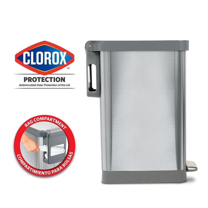 Glad Slim Trash Can with Clorox Odor Protection - Narrow Kitchen Garbage Bin with Soft Close Lid, Step On Foot Pedal and Waste Bag Roll Holder, All Stainless, 12 Gallon/45 Liter - Image 2