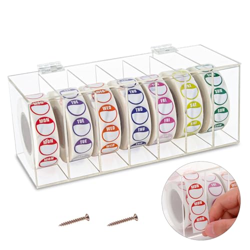 DLUGOPIS Acrylic Day of The Week Covered Label Dispenser 7-Slot Dispenser Day of The Week Label Dispenser Wall Mount Sticker Roll Dispenser for 1",3/4"Day of The Week Stickers 1 Inch Label Dispenser (No Label) - Image 1