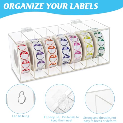 DLUGOPIS Acrylic Day of The Week Covered Label Dispenser 7-Slot Dispenser Day of The Week Label Dispenser Wall Mount Sticker Roll Dispenser for 1",3/4"Day of The Week Stickers 1 Inch Label Dispenser (No Label) - Image 3