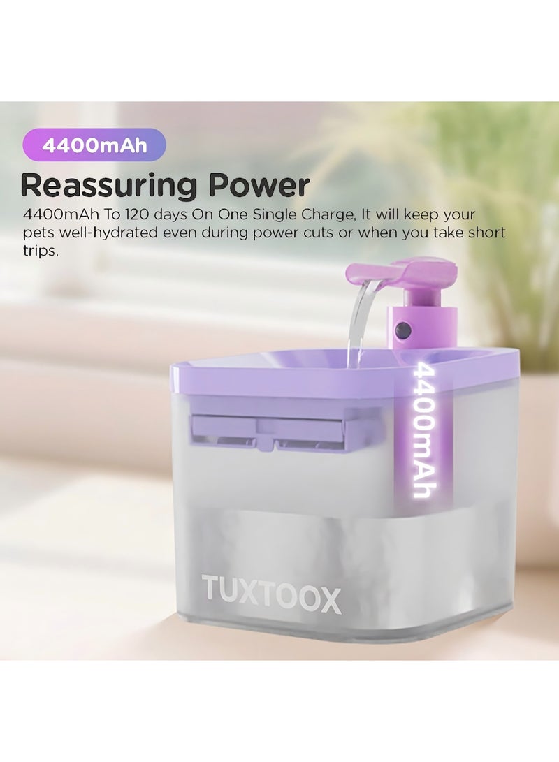 TUXTOOX Cat Water Fountain Wireless, 74.4oz/2.2L Cordless Pet Water Fountains for Cats Dogs, 4400mAh Battery Operated Cat Drinking Fountain, Ultra Quiet Pump, BPA-Free (Purple) - Image 3