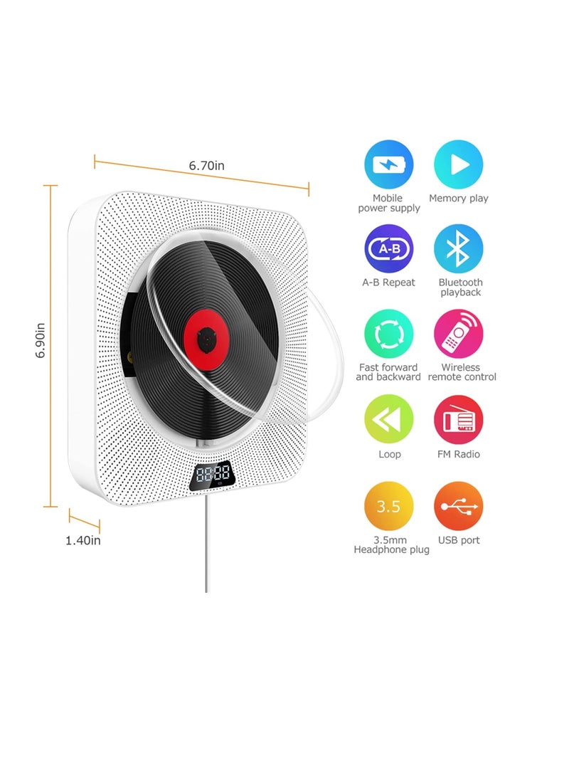 Generic - Portable Bluetooth CD Player,Wall Mountable CD/DVD Player for Home with Remote Control Dust Cover LCD Display Built-in HiFi Speakers FM Radio,Support CD/DVD/MP3/USB/AUX Input Output (White) - Image 1