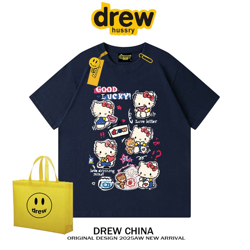 Drew American fashion brand KT cat cartoon graffiti print short-sleeved T-shirt men and women street loose couple top INS summer - Image 2