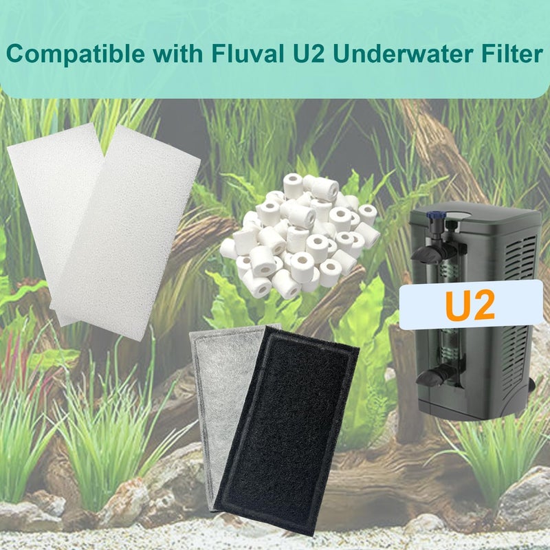 9 قطع مجموعة وسائط فلتر حوض السمك متوافقة مع مرشحات Fluval U2 تحت الماء، مرشحات أحواض المياه العذبة والمياه المالحة، تشمل 4 وسادات فلتر رغوة كربون، 4 مرشحات إسفنجية وحلقة سيراميك واحدة - Image 2