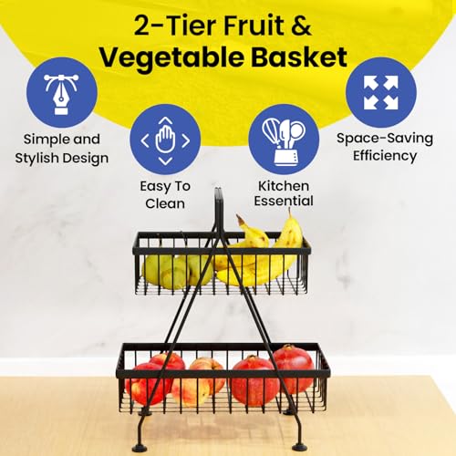 WonderStand FRESCO | Premium Metal Steel 2-Tier Fruit & Vegetable Basket For Home and Kitchen Dining Table/Tiered Shelf Basket (Black) - Image 2