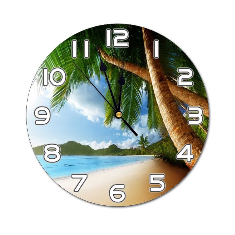 Abucaky Sea Beach Palm Trees Wall Clock Battery Operated Silent Non Ticking Round Clock Tropical Theme Wall Decor for Home Office School 98 Inch