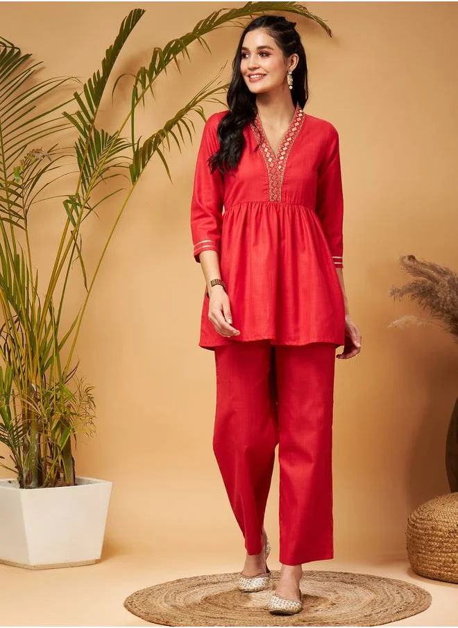 SASSAFRAS Embroidered Gathered Detail Peplum Top and Wide Leg Set