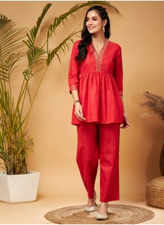 SASSAFRAS Embroidered Gathered Detail Peplum Top and Wide Leg Set by Styli  - Image 1